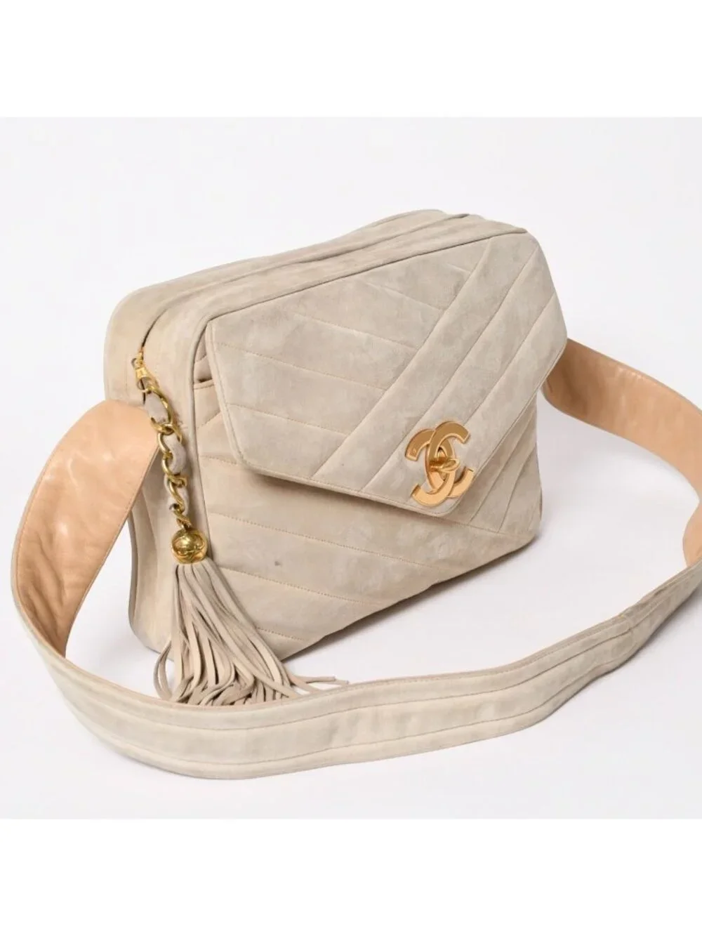 Chanel CC Logo Suede Tassel Shoulder Bag Chevron Bahia Stitch Gold